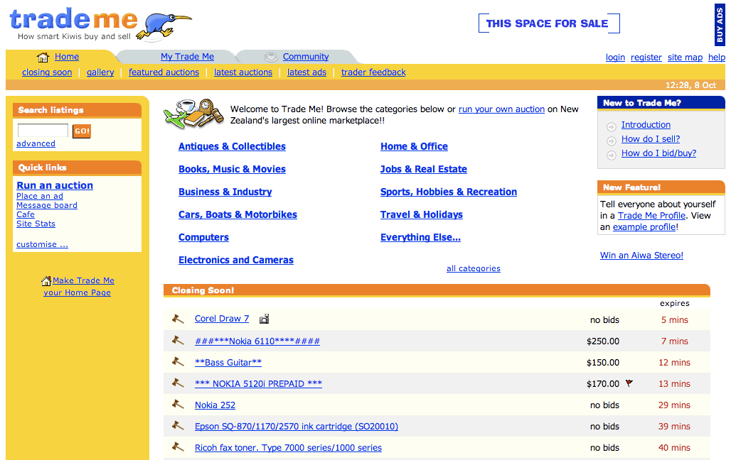 Trade Me homepage, post re-design in 2001