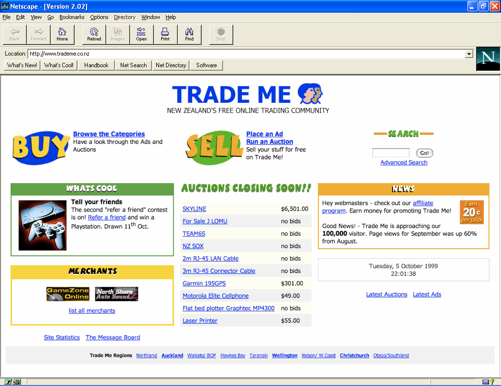 Trade Me homepage, as it was in 2000 when I started working on it